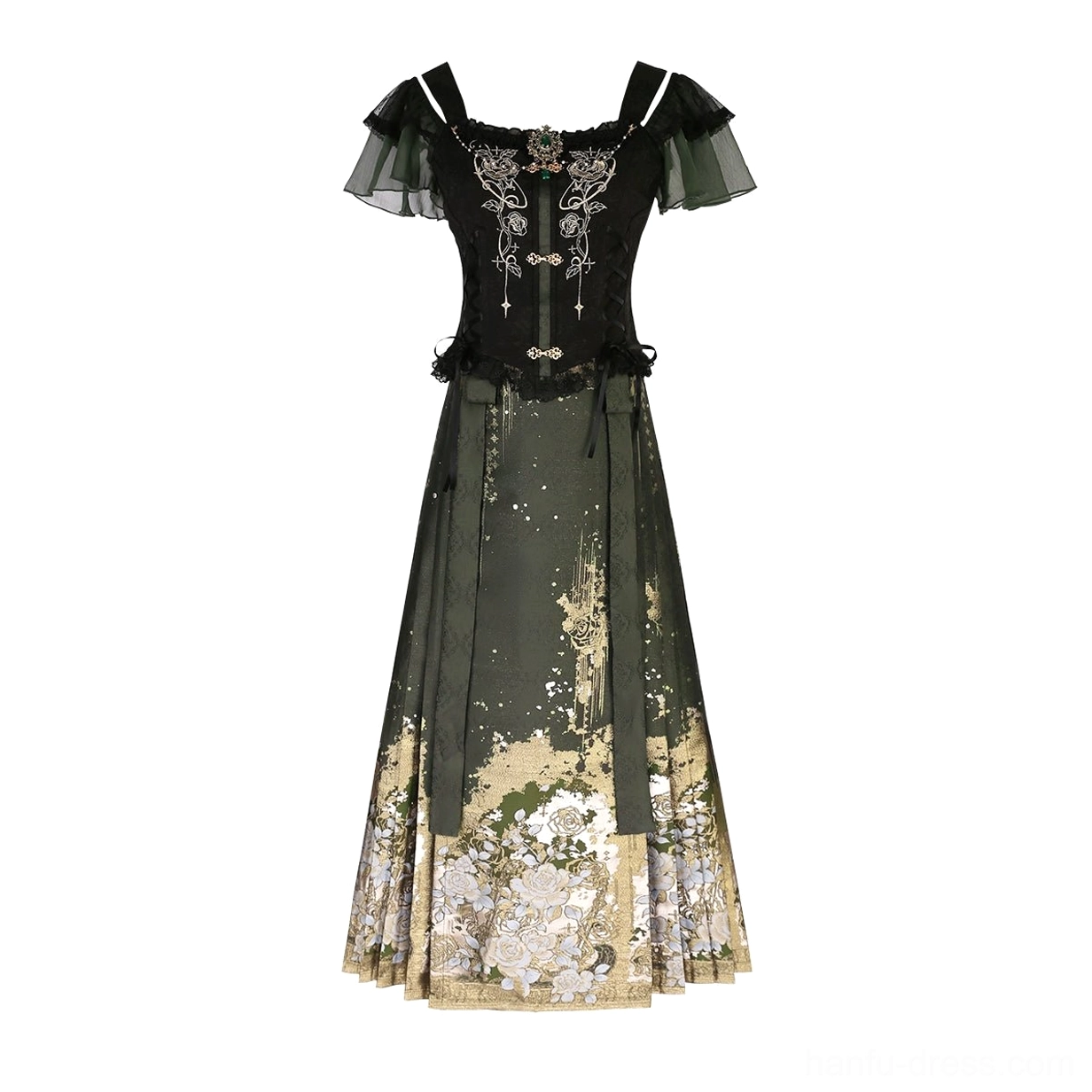 Rose Language modern Hanfu complete set flat lay showing black off shoulder embroidered top and dark green floral mamian skirt