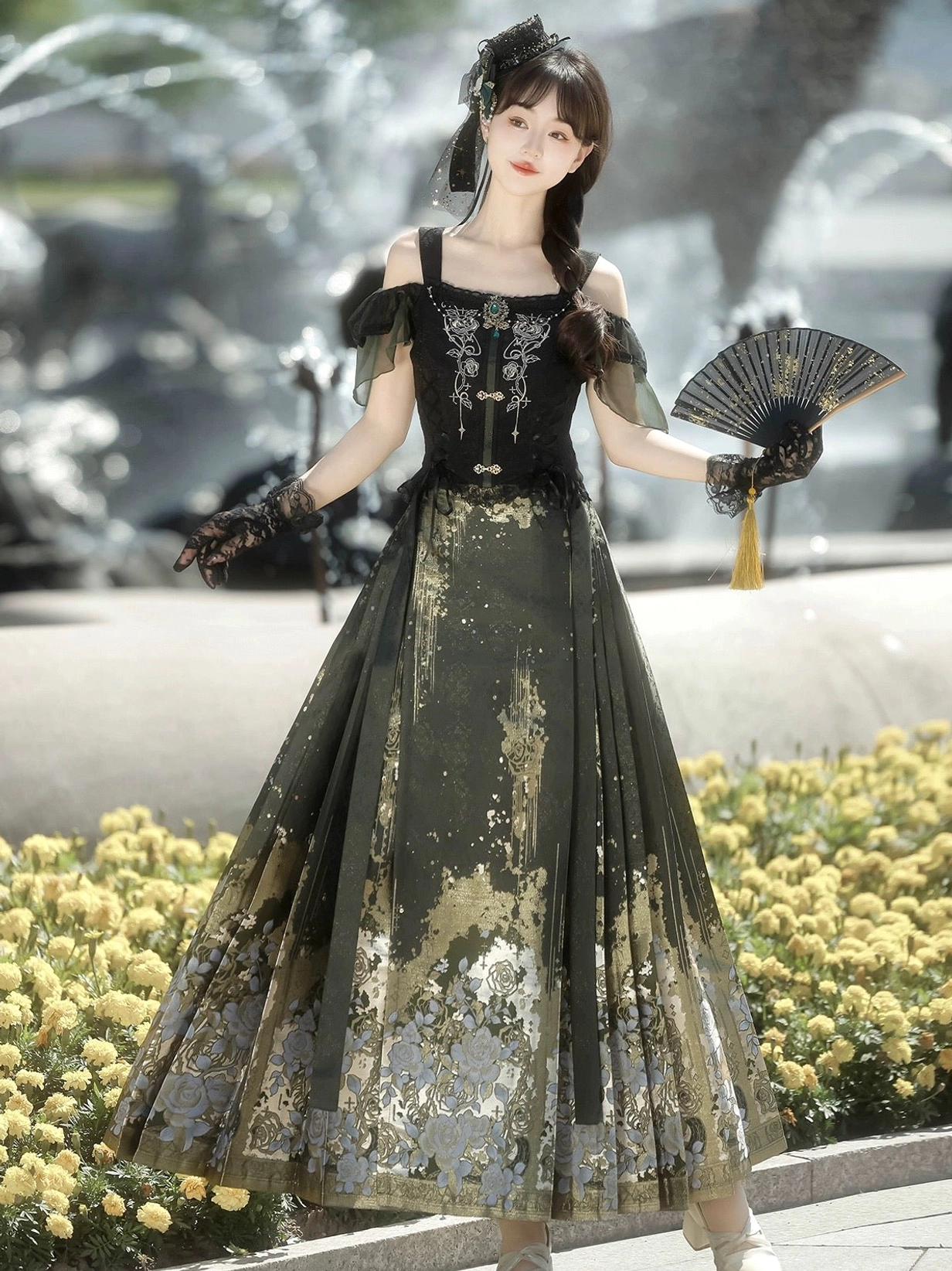 Three quarter view of Rose Language modern Hanfu set with silver floral embroidered off shoulder top and dark green horse face skirt