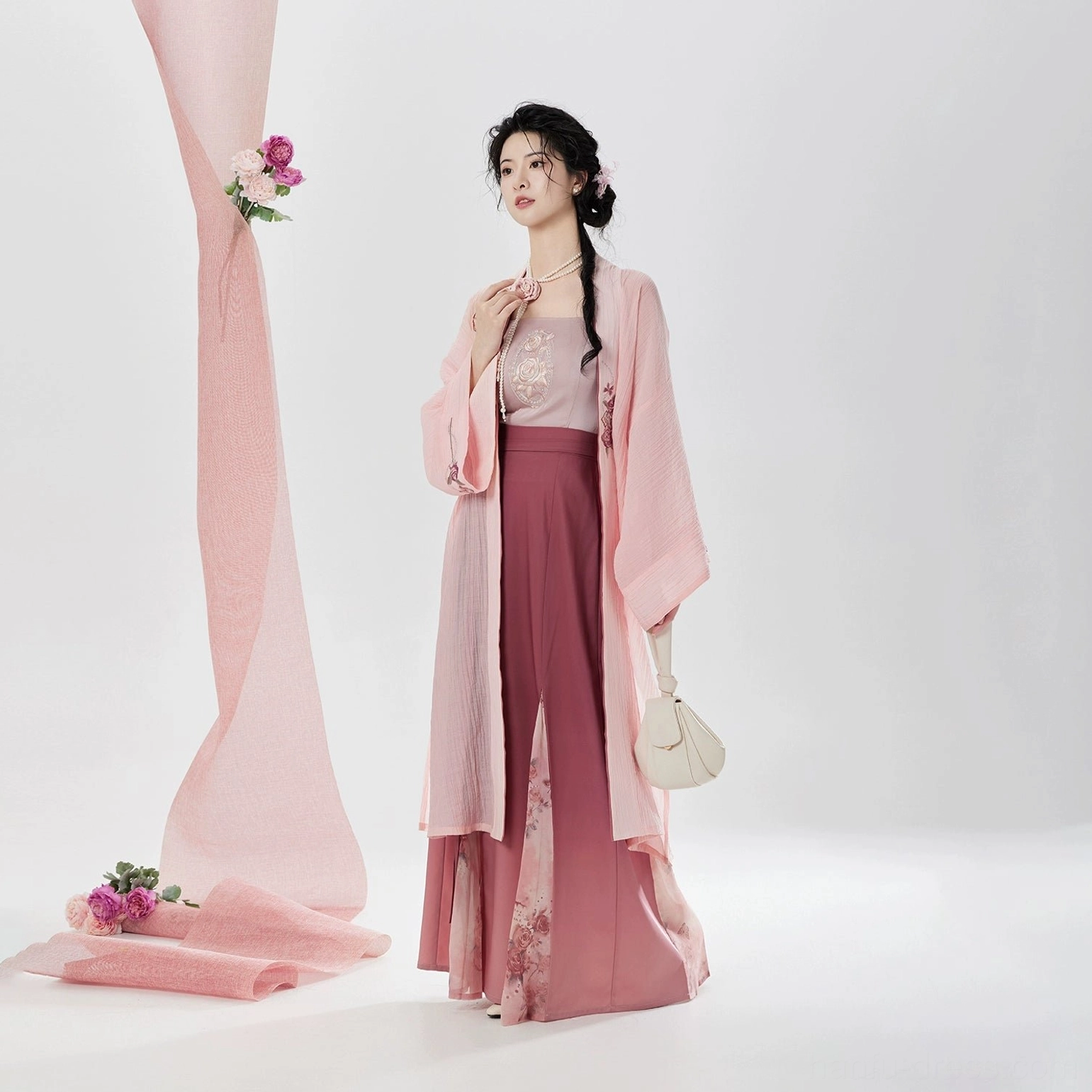 Full front view of Rose Letter Song Dynasty hanfu set with light pink floral embroidered beizi jacket and dark rose printed skirt hem