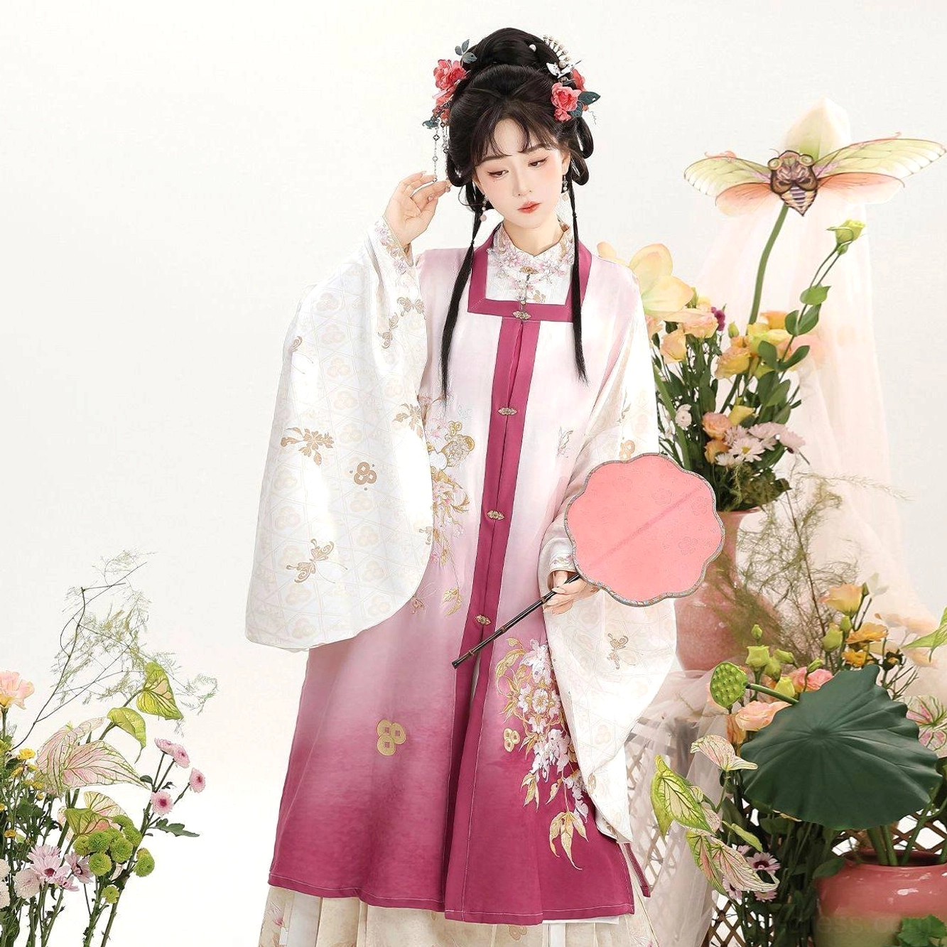 Rose red gradient Ming Dynasty Hanfu square collar vest with floral details and matching printed mamian skirt
