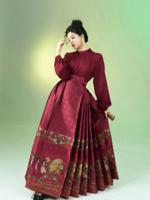 Front three-quarter view of rose red Ming style Hanfu blouse and lunar dragon Mamianqun horse face skirt