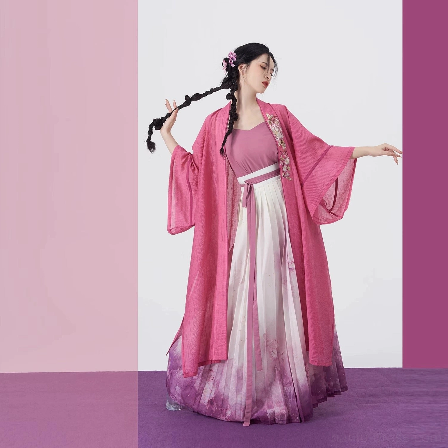 Rose color Song Dynasty hanfu set with embroidered beizi jacket, camisole, and gradient pleated wrap skirt