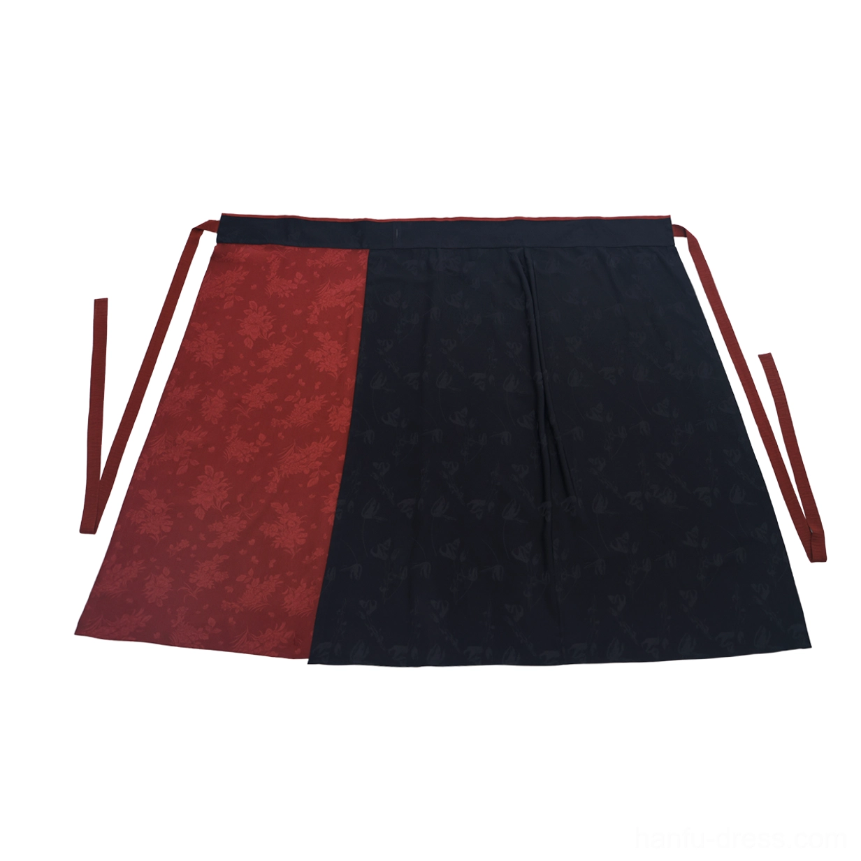 Black and wine red color-block Hanfu wrap skirt flat lay with high waist side ties and subtle floral textured panels