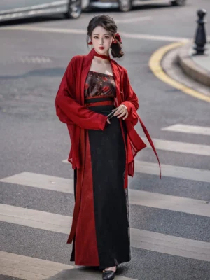 Full front view of Rose Whispers modern Song Dynasty Hanfu outfit with flowing wine red top high-waist color-block wrap skirt and waist tie