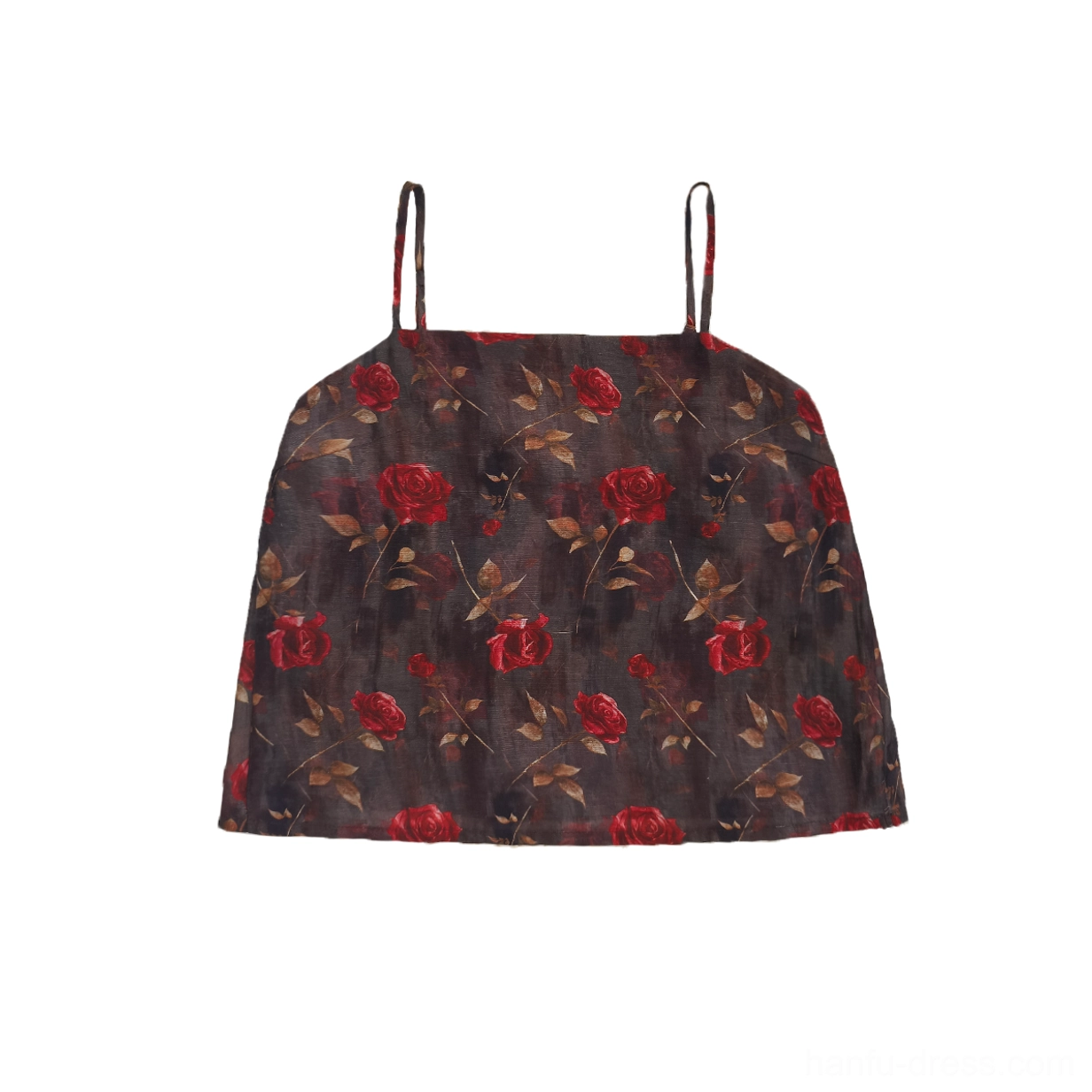 Rose print Hanfu camisole flat lay with dark brown base red floral pattern thin shoulder straps and cropped fitted silhouette