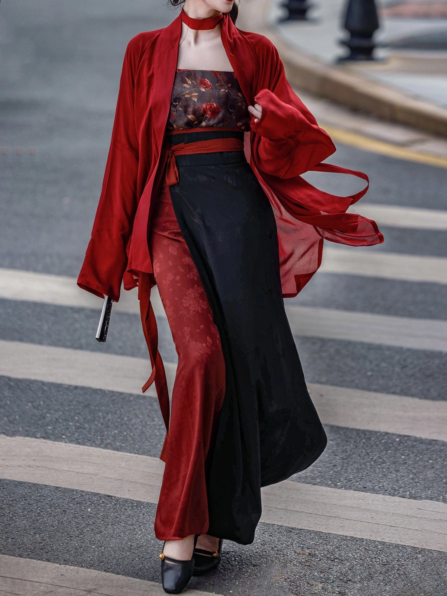 Rose Whispers Song Dynasty inspired Hanfu full set in motion with fluttering wine red wing sleeves and black red high-waisted wrap skirt