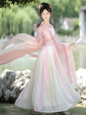 Roselle pink Wei Jin Dynasty qiyao ruqun Hanfu full set with flowing sheer sleeves, layered cross collar, long skirt, floral fan, and classical Chinese garden styling