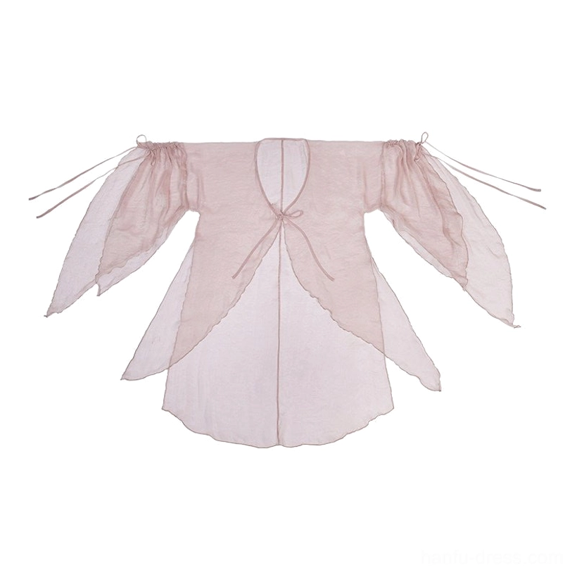 Flat lay front view of dusty rose sheer Hanfu cardigan with ruffled sleeves, tie front closure, shoulder drawstrings, waist ties, and curved hem