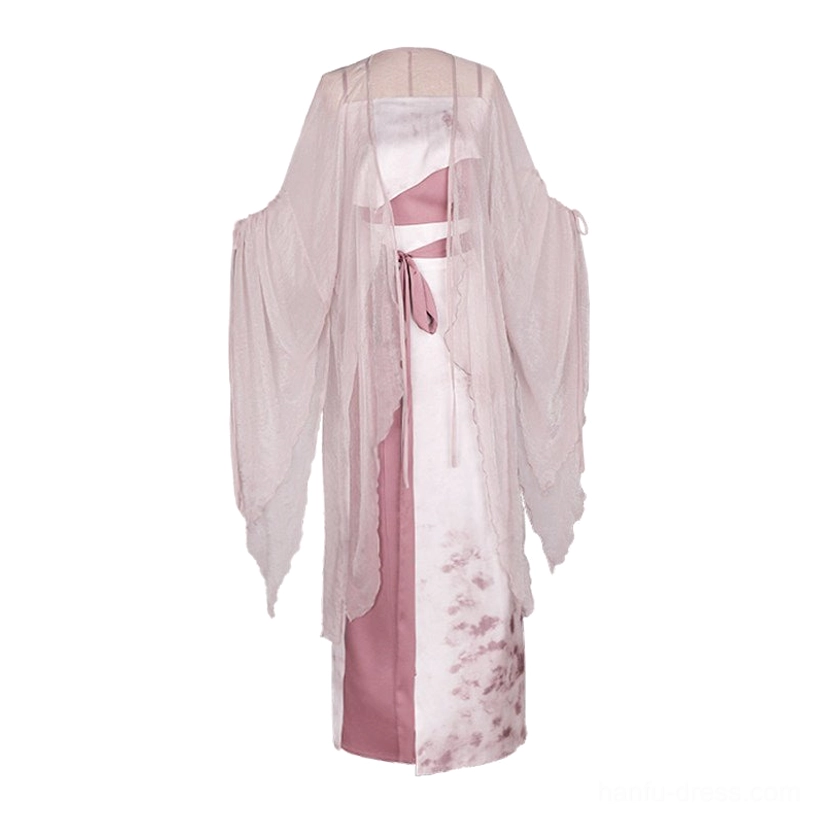Rouge Snow complete modern Song Dynasty Hanfu set flat lay featuring sheer cardigan, camisole, and high waisted two tone ink wash floral wrap skirt