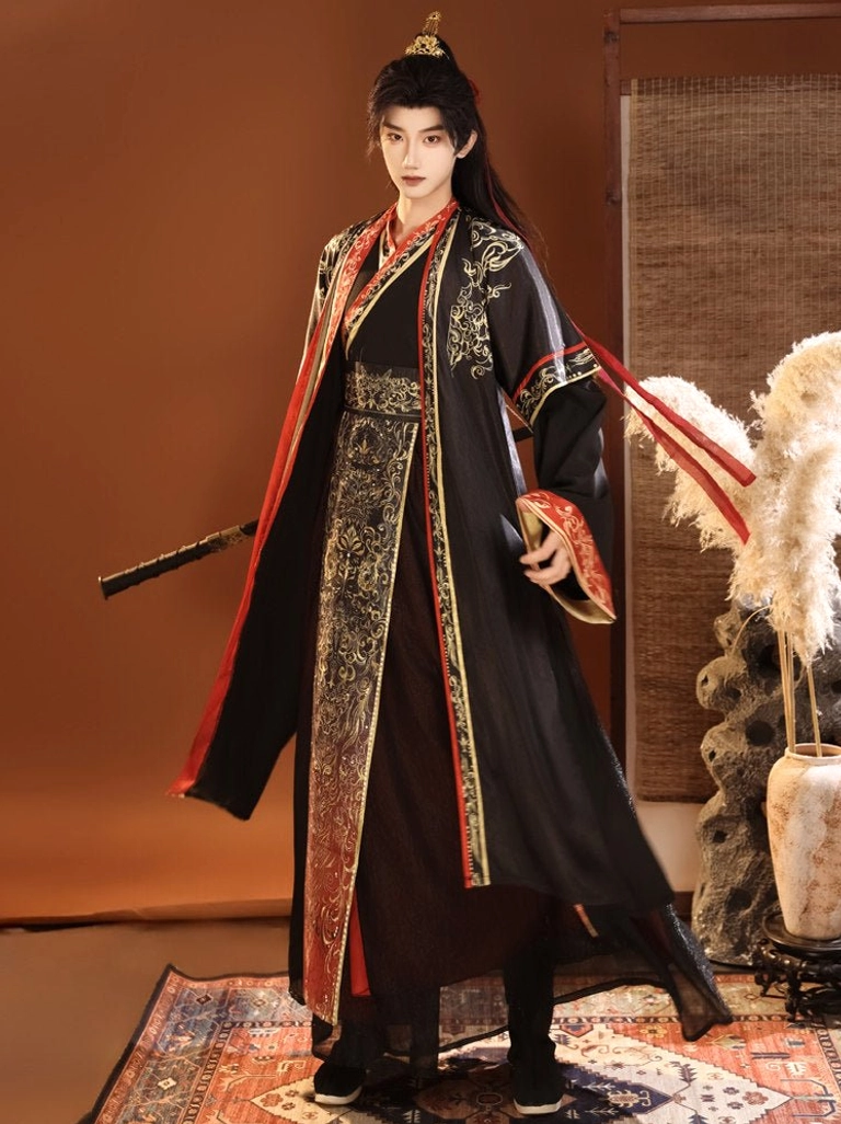 Black and red men's hanfu set with gold trim, layered robe, red sleeveless outer coat and decorative waist seal for Wuxia cosplay