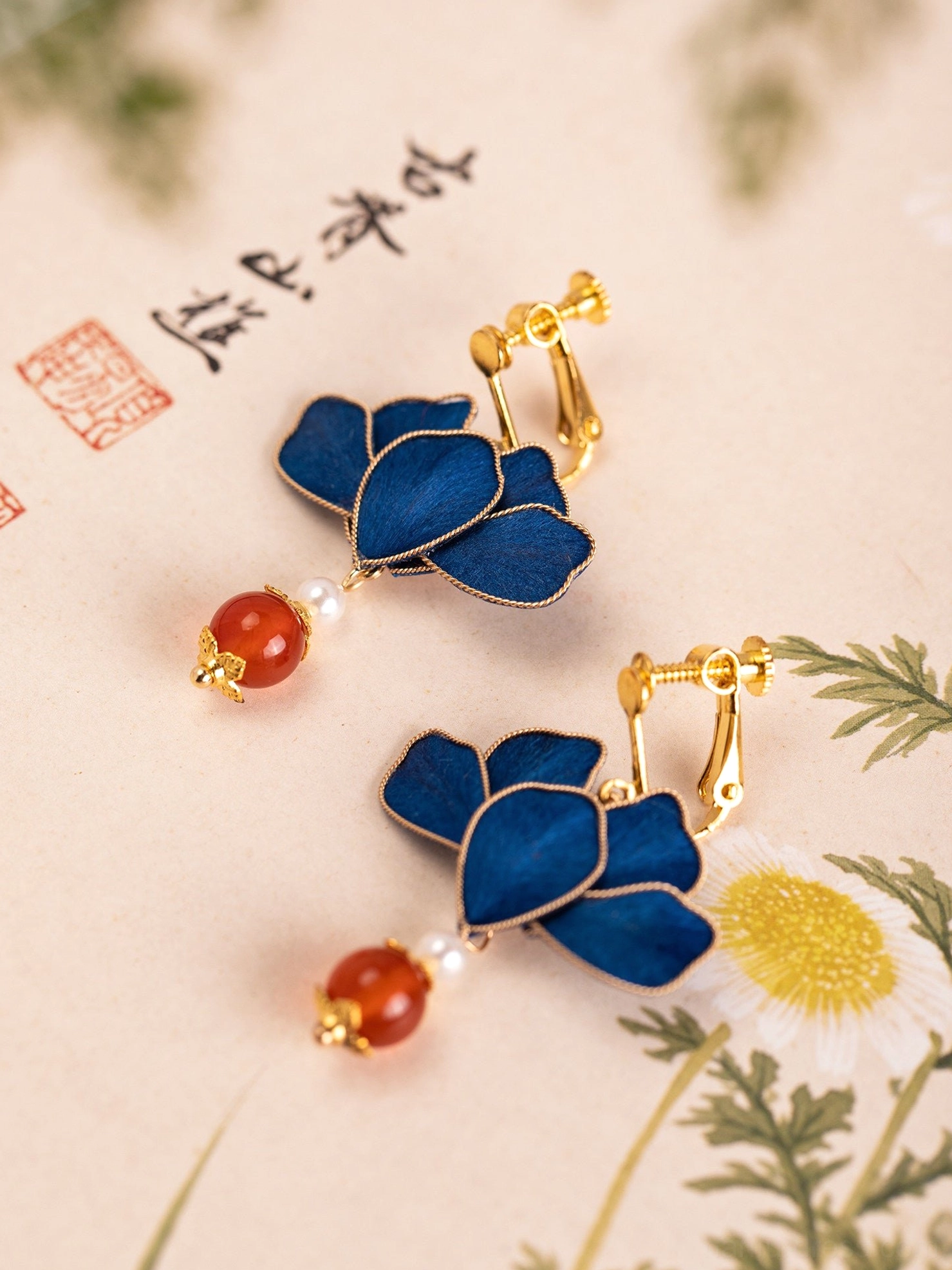 Pair of royal blue lotus drop earrings for Hanfu and Cheongsam with gold-tone hardware, pearl and red bead pendants
