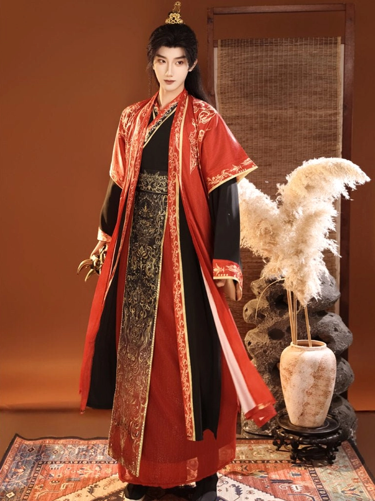 Red royal hanfu for men with gold embroidered trim, black inner robe and ornate waist sash in Chinese fantasy period drama style