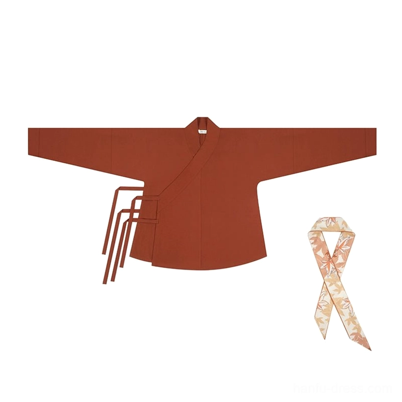 Rust-red hanfu cross-collar top with side tie straps displayed beside a matching maple leaf jacquard neck scarf