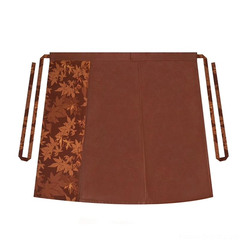 Rust-red Song Dynasty hanfu spiral wrap skirt with maple leaf jacquard texture and adjustable tied waist straps