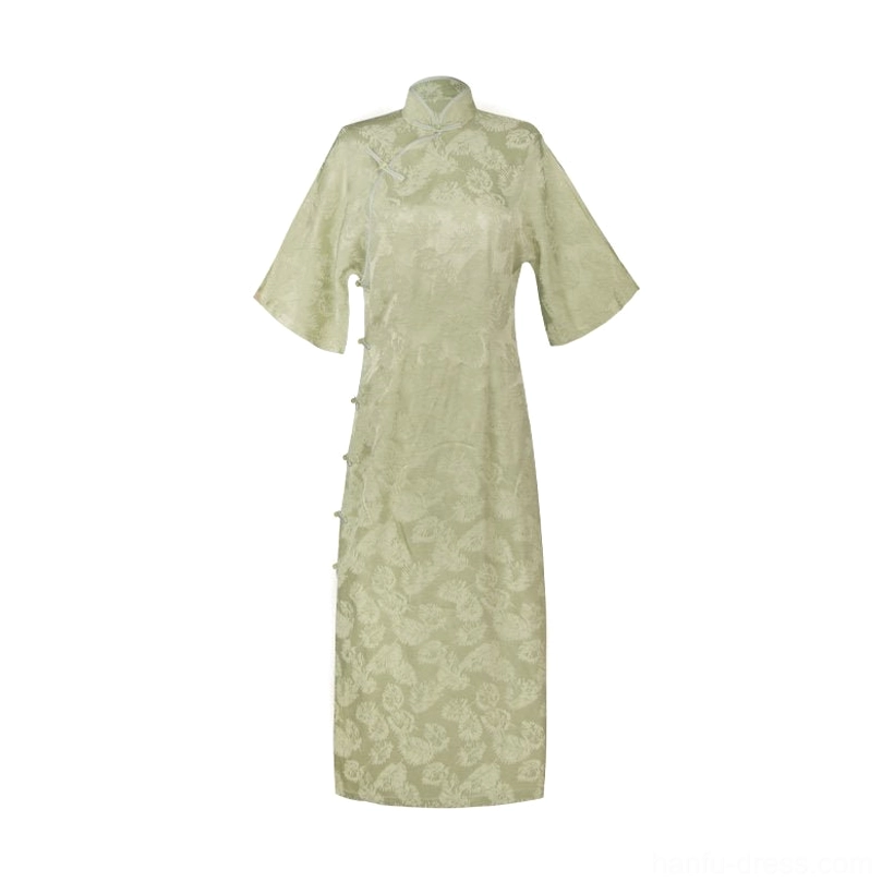 Flat lay of a sage green floral jacquard modern Hanfu cheongsam dress with stand Mandarin collar, side frog buttons, and full-length classic qipao cut