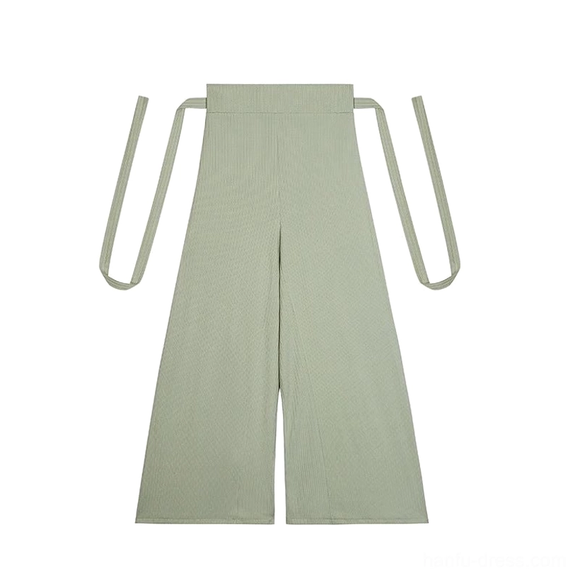 Flat lay of sage green high-waisted Hanfu wide-leg pants with subtle ribbed texture and long wrap waist ties