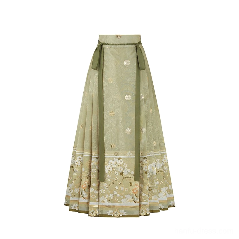 Single sage green Ming Dynasty Hanfu Mamian skirt with dark green waist sashes gilt motifs and floral embroidered hem