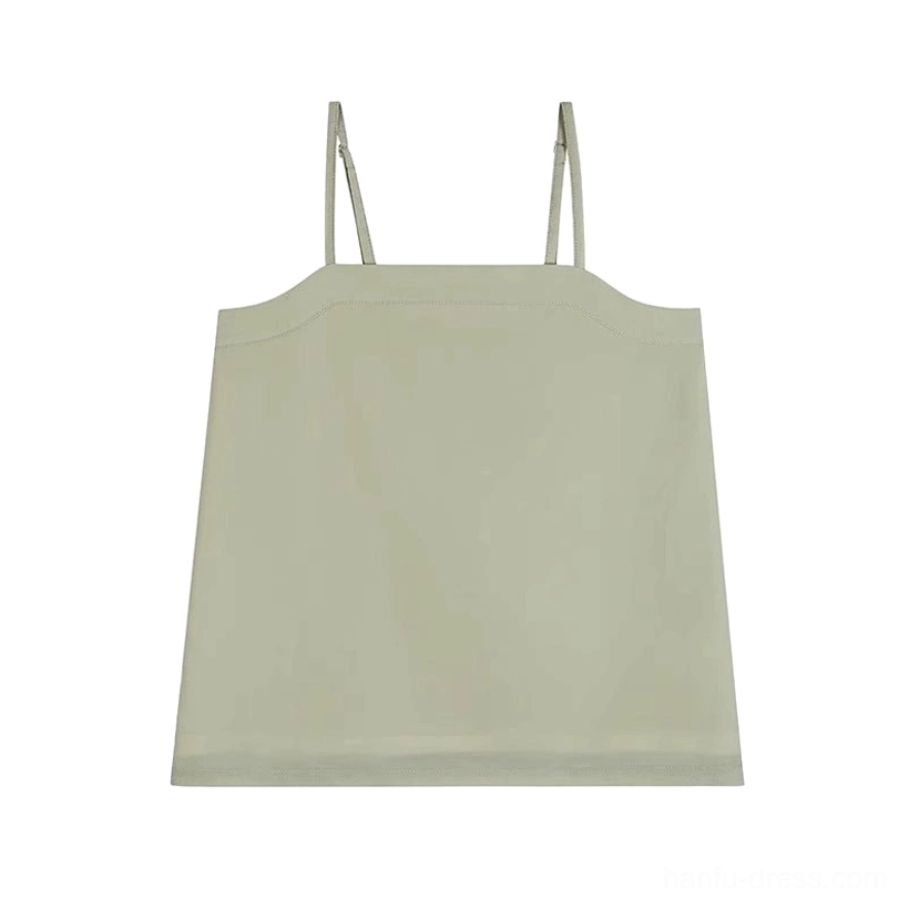 Front flat lay of the sage green Hanfu camisole with thin spaghetti straps, simple square neckline, and minimalist modern Chinese clothing design