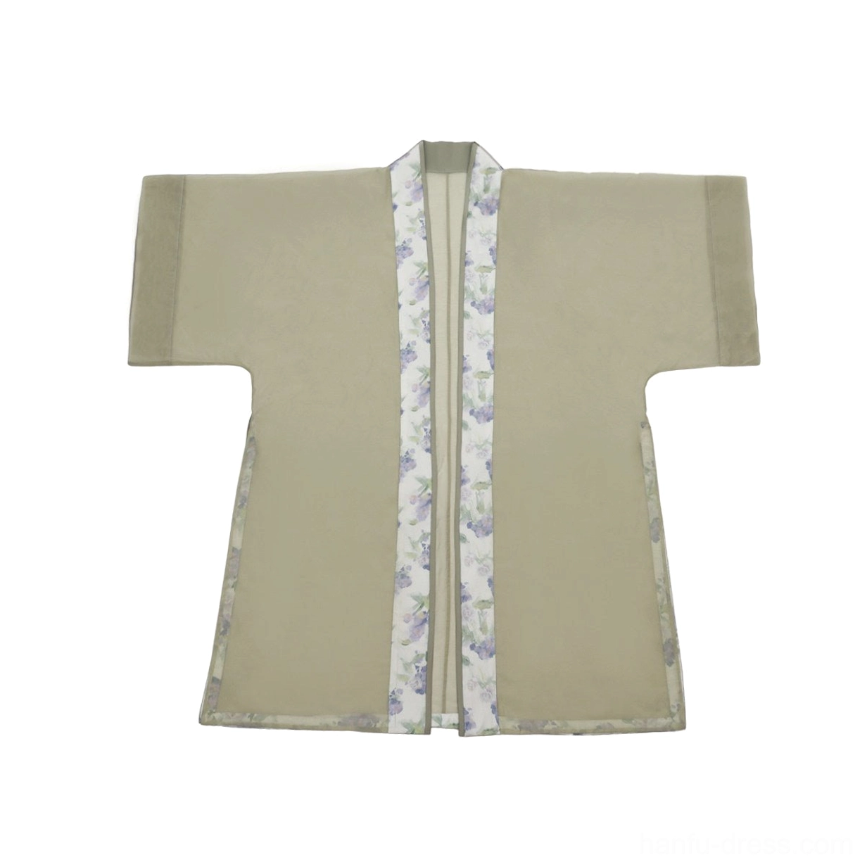 Sage green sheer Song Dynasty Hanfu beizi outer jacket with floral printed placket trim flat lay