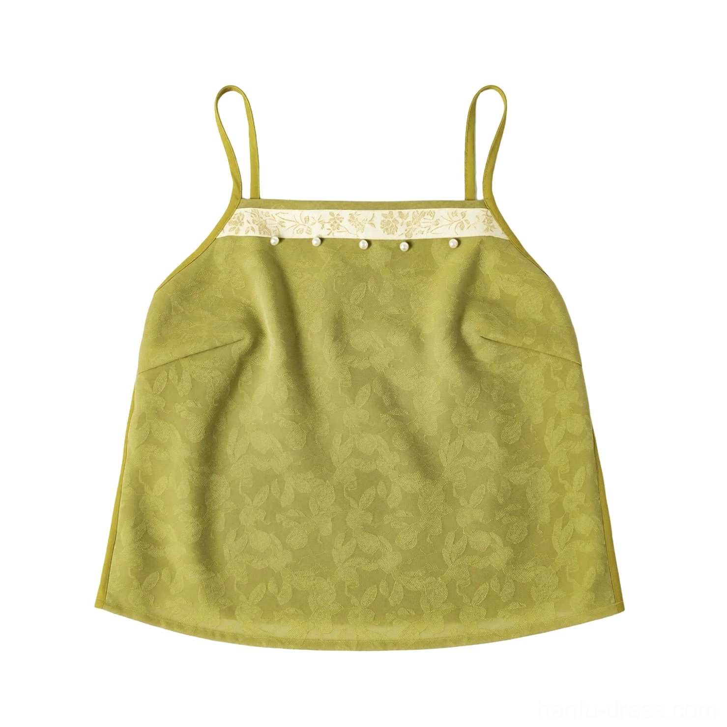 Sage green Hanfu camisole top with floral textured fabric, slim straps, lace-style neckline and decorative buttons