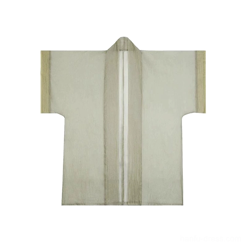 Flat lay of a sage green Song Dynasty Hanfu sheer overcoat featuring a square cross collar, wide sleeves, open front, and lightweight translucent fabric