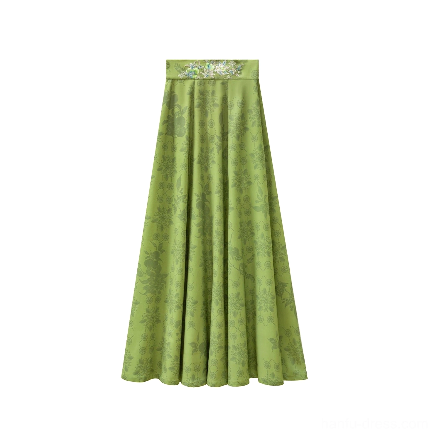 Standalone sage green Tang-style Hanfu eight-panel skirt with tonal floral print, embroidered high waistband, full pleated silhouette, and floor-length drape
