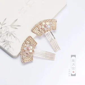 Pair of sakura Chinese fan hair combs with rose gold tone openwork fan frames, iridescent flower petals and pink pearl centers