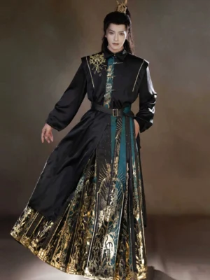 Front view of a Sanxingdui inspired modern Hanfu outfit with black stand collar robe, dark green and gold mamianqun horse face skirt, waist belt, and traditional Chinese styling