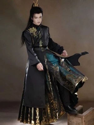 Three quarter side view of a Sanxingdui themed modern Hanfu robe and dark green gold horse face skirt showing layered Chinese clothing and gold shoulder embroidery