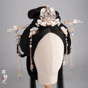 Traditional Chinese Hanfu hairstyle display featuring Sapphire Tears blue white pearl tassel hair ornaments on an ancient style hair bun