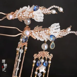 Sapphire Tears long tassel Hanfu hair pin pair with rose gold tone flower ornaments blue crystals faux pearls and cascading chain tassels
