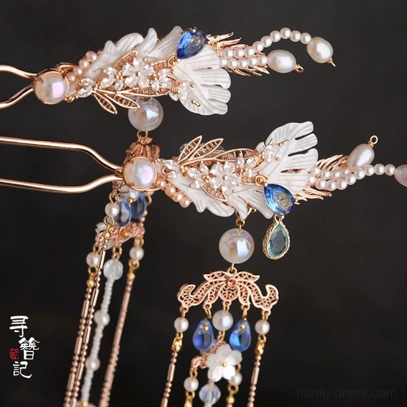 Sapphire Tears long tassel Hanfu hair pin pair with rose gold tone flower ornaments blue crystals faux pearls and cascading chain tassels