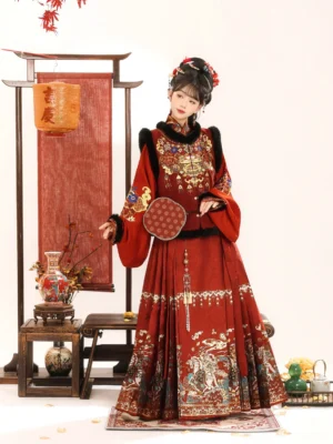 Front view of a scarlet Ming-style Chinese New Year Hanfu dress with auspicious embroidery, patterned mamian skirt, faux fur vest trim, and traditional silk palace fan
