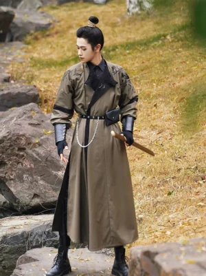 Back three-quarter view of Scorpio dragon embroidered Tang style Hanfu robe with black collar and warrior belt outdoors