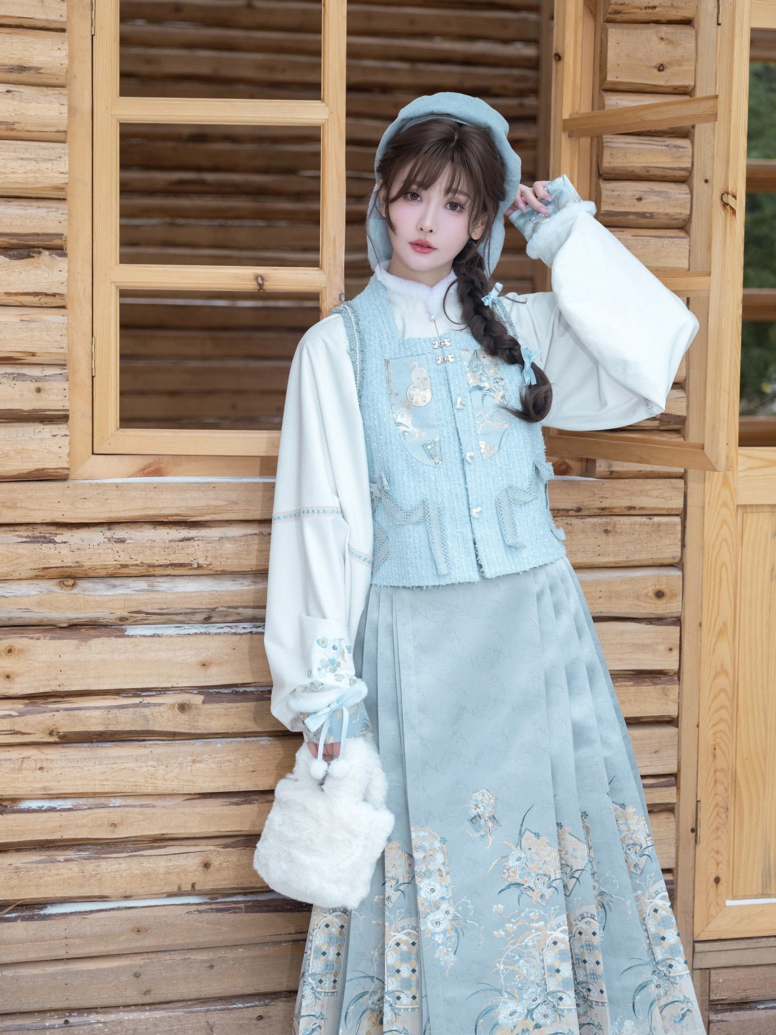 Sea Salt Cream full Hanfu set with gold floral embroidered mamianqun horse face skirt and layered white sleeves