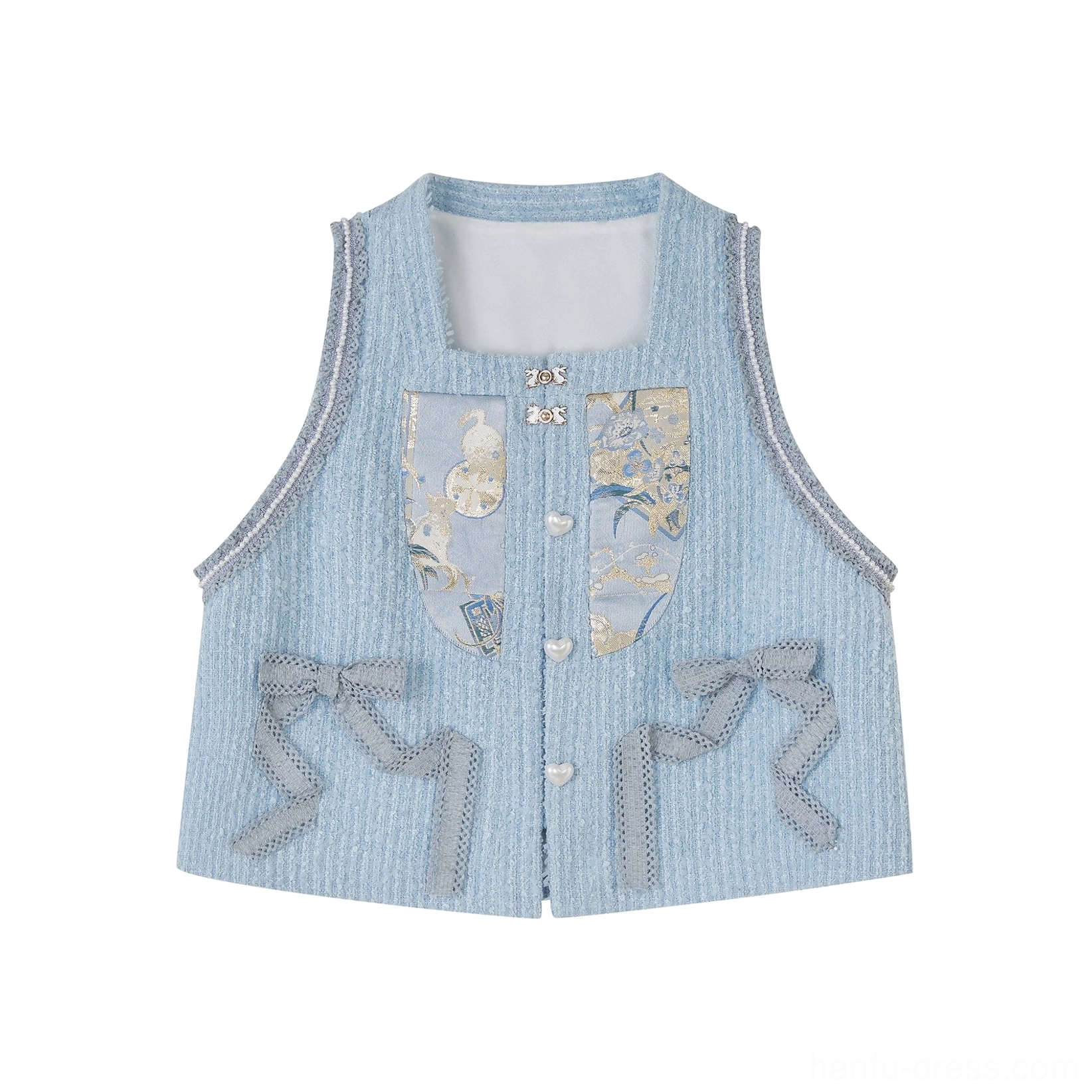 Flat lay product image of light cyan Sea Salt Cream Hanfu bijia vest with floral embroidery bows and pearl buttons