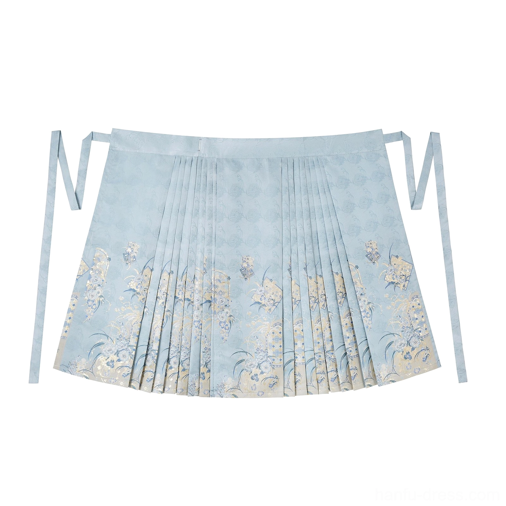 Flat lay of Sea Salt Cream light cyan mamianqun horse face skirt with pleats side ties and gold floral embroidery