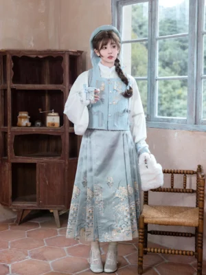 Sea Salt Cream modern Ming Dynasty Hanfu full set with light cyan bijia vest and embroidered mamianqun horse face skirt front view