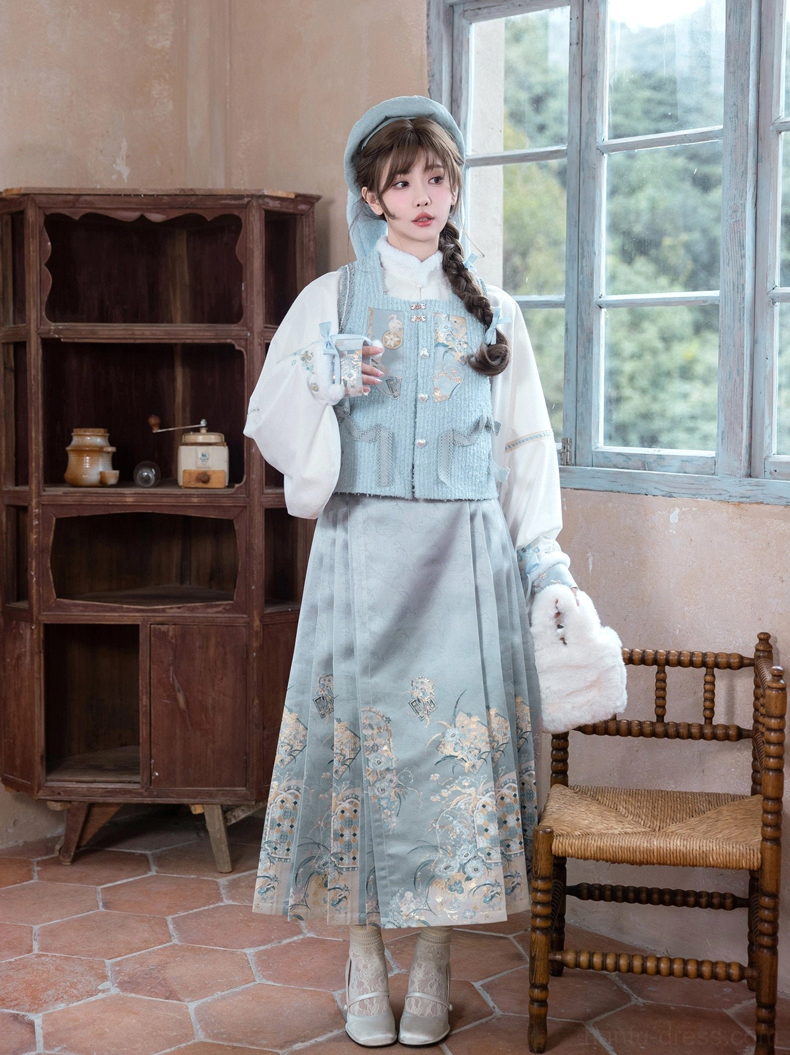 Sea Salt Cream modern Ming Dynasty Hanfu full set with light cyan bijia vest and embroidered mamianqun horse face skirt front view