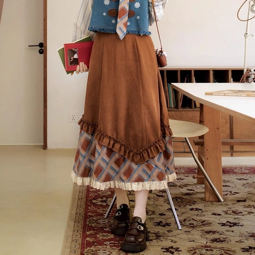 Sea Salt Mocha asymmetric brown wrap skirt with ruffles plaid patchwork and lace trim in a modern hanfu vintage academia style