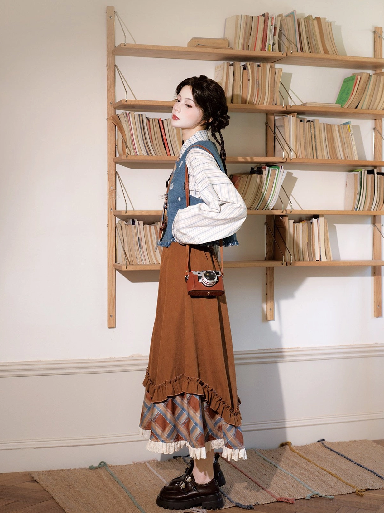 Sea Salt Mocha hanfu inspired vintage academia three piece outfit side profile with brown ruffled skirt black loafers and crossbody bag