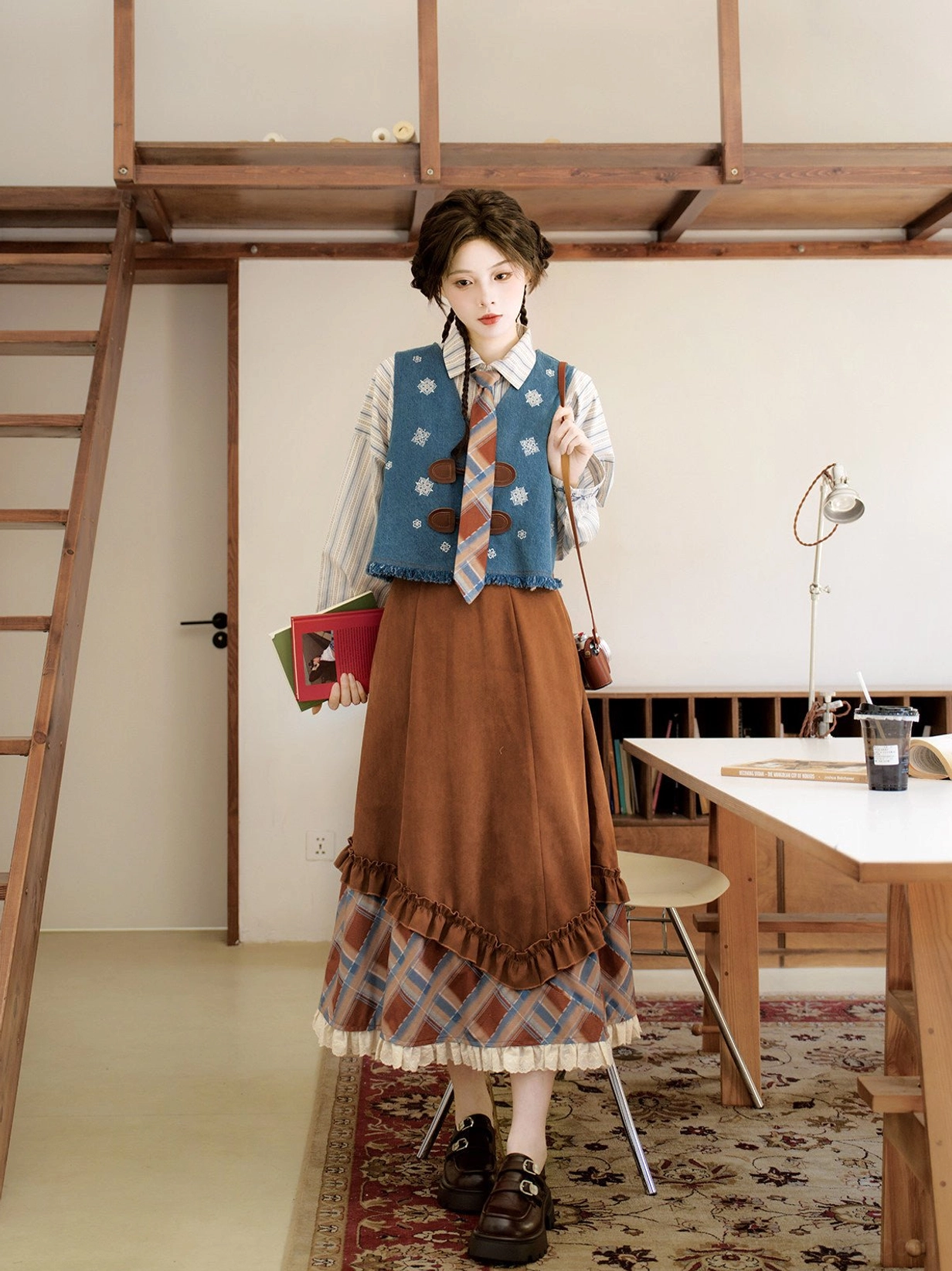 Sea Salt Mocha modern hanfu outfit front full body view featuring embroidered denim style vest striped blouse plaid tie and asymmetric ruffle skirt
