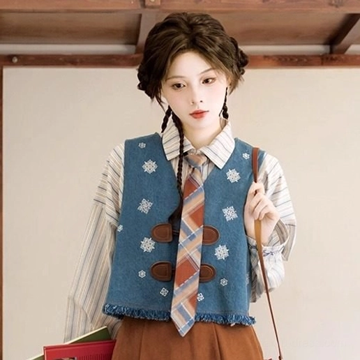 Sea Salt Mocha snowflake embroidered vest with plaid necktie detail for modern hanfu vintage academia layering