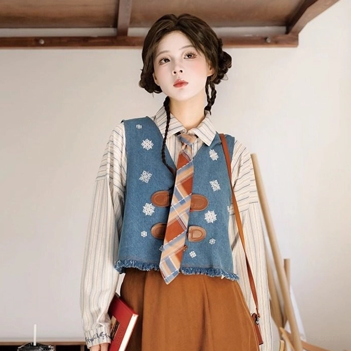 Sea Salt Mocha striped cotton long sleeve top styled beneath an embroidered denim style vest for a modern hanfu vintage academia outfit