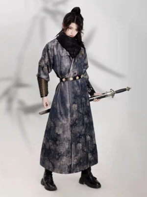 Shadow reversible Tang-style round-neck Hanfu coat in dark marbled jacquard worn with a sword in a wuxia-inspired full-length outfit