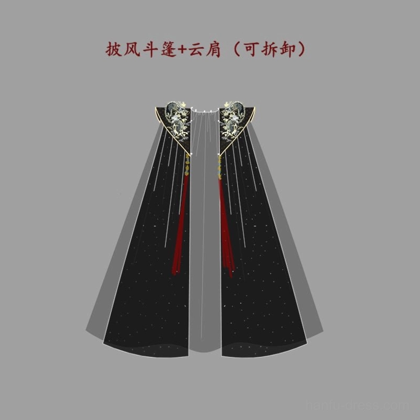 Shadow Sovereign detachable black sheer cloak flat lay with silver dragon cloud shoulder embroidery and long red tassel pendants for Xianxia Hanfu styling