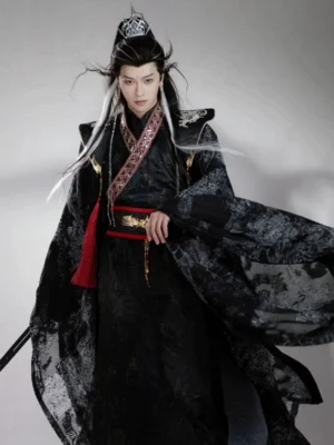 Shadow Sovereign men's dark Xianxia Hanfu robe complete set shown in front three-quarter view with black sheer cloak, wide sleeves, red gold belt, and silver shoulder details