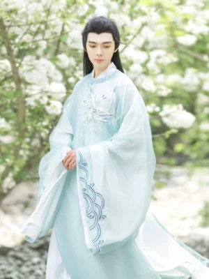 Azure Shan Hai Jing Tang Dynasty round collar Hanfu robe for men with bird chest embroidery and wave patterned sleeves