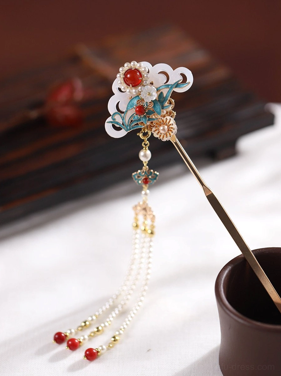 Shaohua Chinese hair stick with gold-tone cloud ornament, blue and white cloisonne-style details, pearl accents, red bead tassels, and traditional Hanfu styling