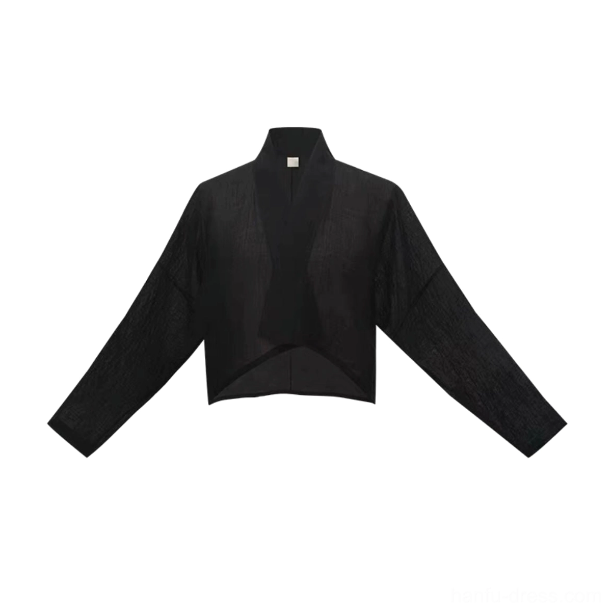 Sheer black cropped Hanfu cardigan with Mandarin stand collar long loose sleeves and lightweight translucent fabric